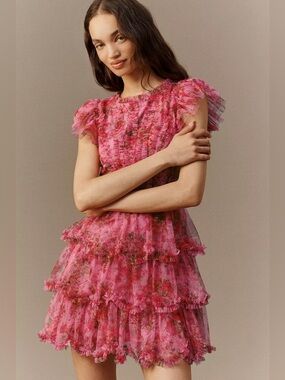 MAC DUGGAL
Pink Floral High Neck Cap Sleeve Ruffle Mini Dress
